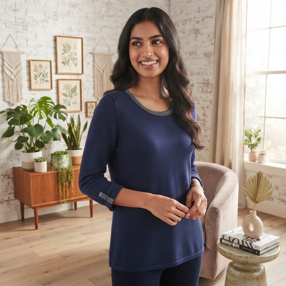 Chico's Women 2/LG Navy Beaded Neckline Cotton Blend Sweater Embellished Top